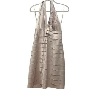 Eliza J Taupe Halter Pleated Satin Cocktail Dress
